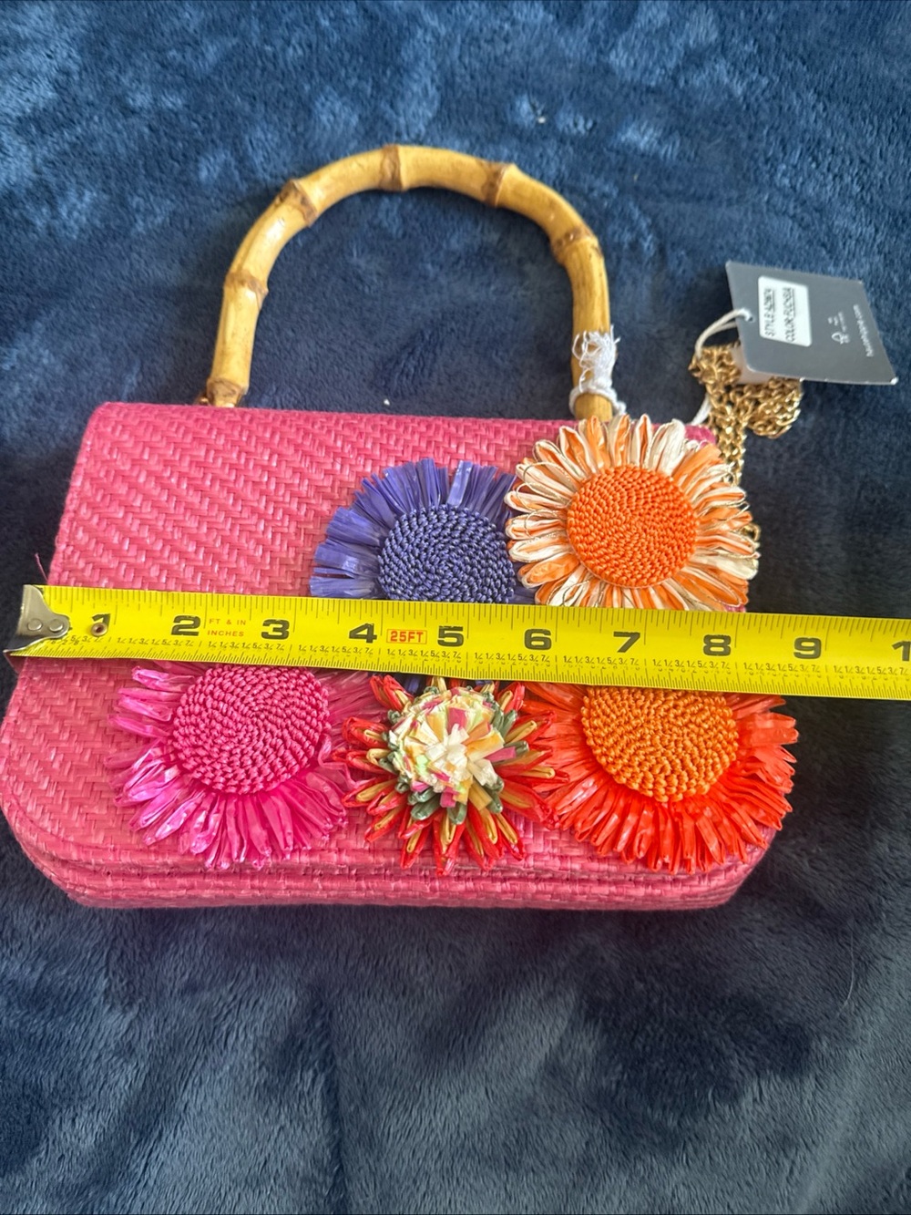 New Haute Hippie Straw Flowers Bamboo Handle Purse Shoulder Crossbody Chain NWT - Picture 16 of 16